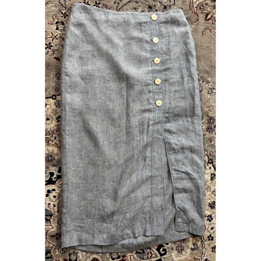 New Loft Linen Skirt Button Detail Midi Straight Split SZ 12 Chambray Blue - Picture 6 of 8